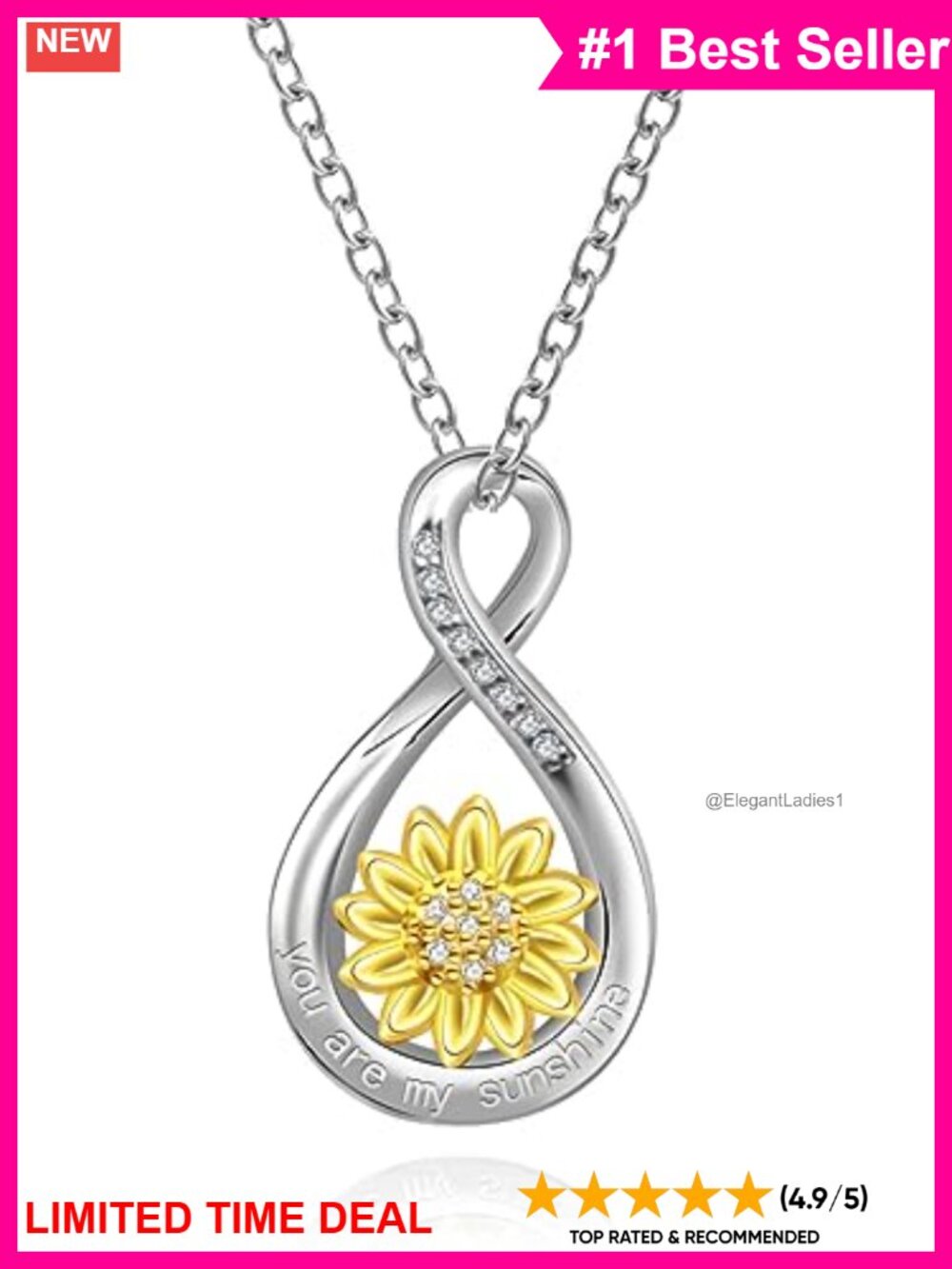 Sunflower Necklace 925 Sterling Silver Moissanite Infinity Pendant 18+2 Inch